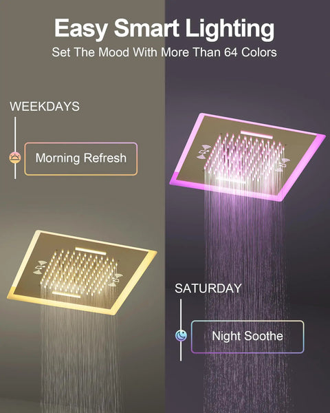 20 Inch Ceiling Mount Led Shower Head With Bluetooth Speaker Handheld Sprayer Brushed Gold Finish showing 64 color options for mood lighting.