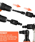 17 Piece Socket Adapter Set And Reducer For Impact Drivers With Universal Joint Sockets And Drill Adapters In Quarter Inch, Three Eighths Inch, And Half Inch Sizes in use with drills and impact wrench, showing compatibility features.