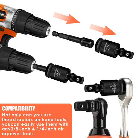 17 Piece Socket Adapter Set And Reducer For Impact Drivers With Universal Joint Sockets And Drill Adapters In Quarter Inch, Three Eighths Inch, And Half Inch Sizes in use with drills and impact wrench, showing compatibility features.