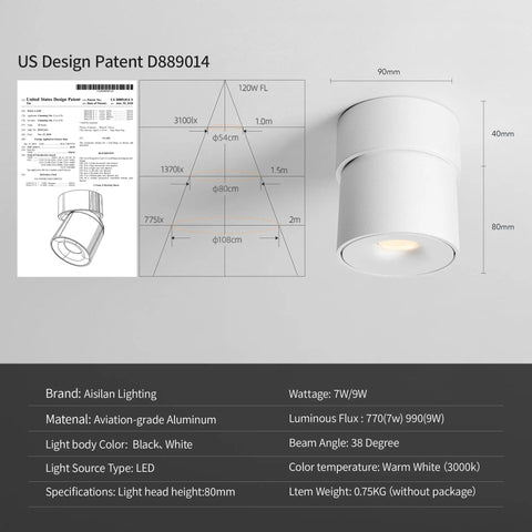 LED Ceiling Spotlight Indoor 7W Black Pivoting Slick Accent Light Fixture With 340 Degree Rotation product diagram.