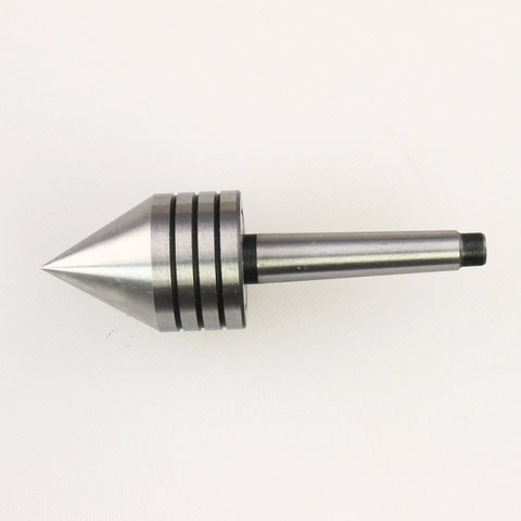 Live tailstock center for wood lathe with 60-degree point and #1MT shank; metal silver with black grooved collars.