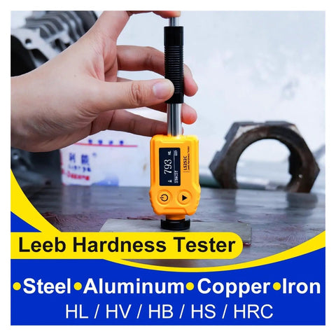 Top Shelf Digital Leeb Hardness Tester Portable Handheld Metal Durometer Built Tough For Thin Steel Parts And Hard Surface Layers With Zero Hassle Dual Coil Technology measuring metal surface hardness in hand.