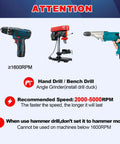 Three power tools: cordless drill, benchtop drill press, and handheld hammer drill on light blue background