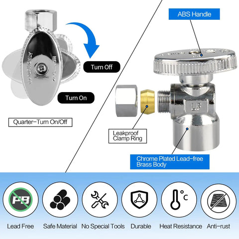 Dead Nuts Tight 2 Pack 1/2 Inch FIP Angle Stop Valves With 3/8 OD Compression Port And Smooth Quarter Turn Shutoff For Everyday Plumbing Fixes Chrome Plated Build No Leak Worry Guaranteed showing chrome valve, ABS handle, leakproof clamp