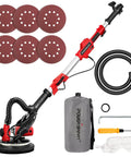 Drywall Sander With Vacuum Attachment 800W Power, 900 to 1800 RPM, showing extendable handle, sanding discs, and accessories
