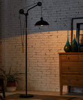 Stepless Dimmable Industrial Floor Lamp With Pulley System in deep bronze, rustic farmhouse tall arched lamp in living room setting