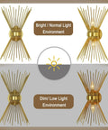 Bright and dim lighting effect on Brass Mid Century Modern Wall Sconces Set Of 2, Brushed Brass Starburst Wall Lighting