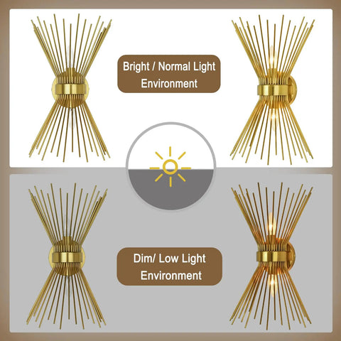 Bright and dim lighting effect on Brass Mid Century Modern Wall Sconces Set Of 2, Brushed Brass Starburst Wall Lighting