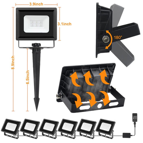 Diagram of Outdoor LED Flood Lights Lit RGB Color Changing Smart Landscape Lights with 6 adjustable black lights shown