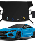 Extra Large 75 By 45 Inch Windshield Snow Cover Heavy Duty Windproof Shield on blue car, adjustable mirror openings, all-weather use