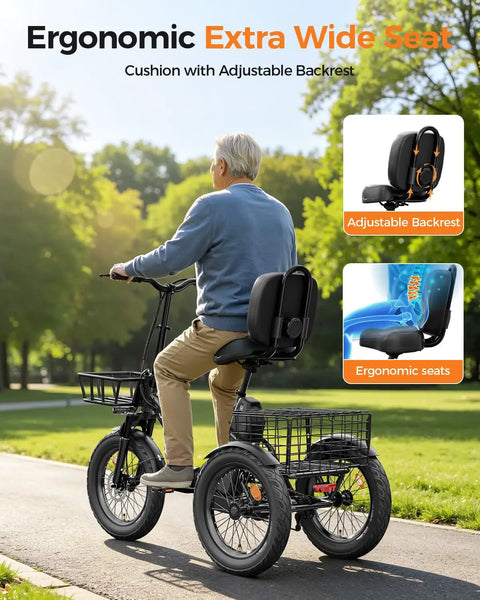 Adult E Trike With 1200W Peak Motor 18 MPH 3 Riding Modes And 748.8Wh Removable Battery For Smooth Acceleration Easy Hill Climbing And Daily Errands For Commuting Trails And Weekend Fun And City Cruising, extra wide seat with adjustable backrest