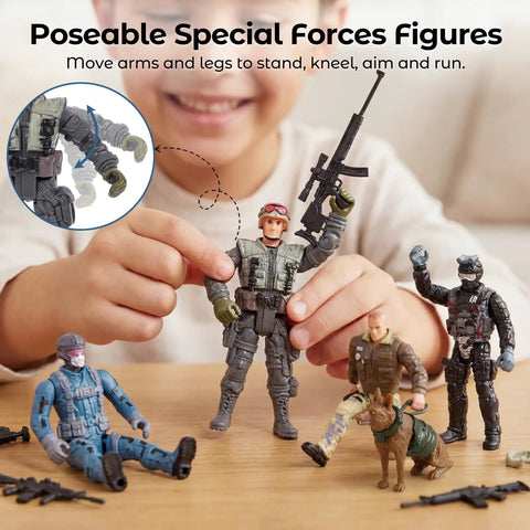 Child playing with 12 Piece Elite Army Men Action Figures Set With Working Military Dogs And Weapons Accessories For Kids