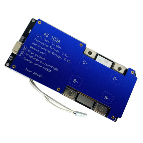 Built Tough 4S BMS LiFePO4 Battery Management System With 100A Heavy Duty Discharge And 14.6V Precise Charge Port showing blue circuit board.
