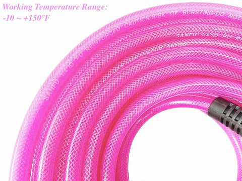 Reinforced Polyurethane Air Hose One Quarter Inch By One Hundred Feet Pink Transparent With Swivel Quick Coupler, coiled