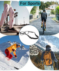 No Tail Adjustable Glasses Strap For Kids And Adults That Stays Put and Keeps Sunglasses From Slipping Around Your Neck Silicone Eyewear Holder Black 3 Pack shown with outdoor sports activities