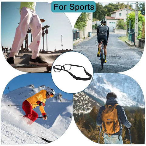 No Tail Adjustable Glasses Strap For Kids And Adults That Stays Put and Keeps Sunglasses From Slipping Around Your Neck Silicone Eyewear Holder Black 3 Pack shown with outdoor sports activities