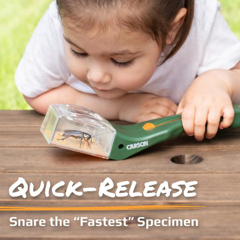 5x Magnifying Bug Catcher With One-Handed Quick Release Trap For Indoor Outdoor Exploration Kids And Adults STEM Learning Toy For Safe Bug Viewing And Easy Release, child using green plastic trap