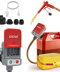 Heavy Duty Fuel Transfer Pump With Auto Stop And 3.2 GPM Quick Flow Rate Using Thick Flexible PVC Hose For Gas Or Diesel Cans, includes USB cable and nozzle.