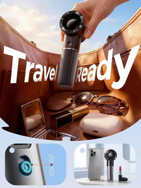 Handheld Portable Fan With 6 Speeds, Tiny But Mighty Mini Personal Fan in a purse with travel items.