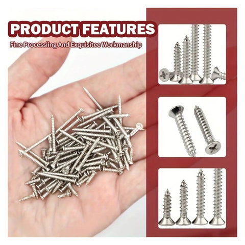1070-Piece M2 Wood Screw Set With Cross-Recessed Flat Head Self-Tapping Hardware For DIY Projects, Eight Lengths From M2x4 To M2x20, Fully Organized Kit For Furniture, Cabinets, And General Woodworking. Handful of silver M2 wood screws in palm with size samples.
