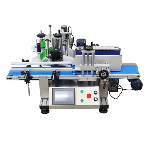 Automatic Desktop Round Bottle Labeler Plug And Play Conveyor Applicator Handles Cans Wine At Two Hundred Pieces Per Minute, side view of machine.