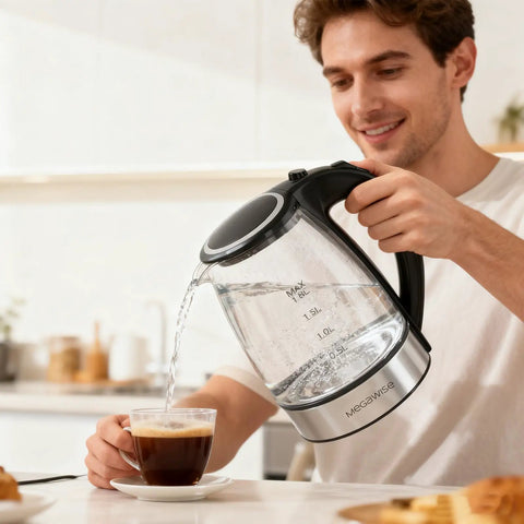 Electric Glass Kettle With Auto Shut Off 1.8L Borosilicate Glass Body Stainless Steel Inner Lid And Base pouring water into cup