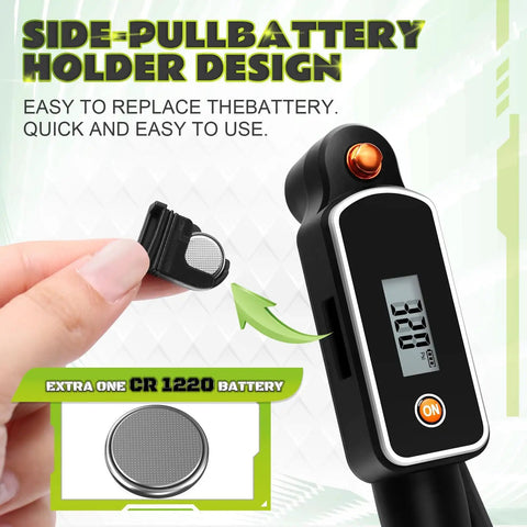 Bike Shock Pump With Digital Gauge, 320 PSI, Leak Proof Presta Valve, showing side-pull battery holder design and CR1220 battery