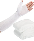 Elastic Arm And Wrist Stockinette Tubing For Pre Wrap Use shown in use and folded, white, 3.14 x 11.8 inch dimensions
