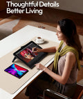 Woman using tablet on Leather Desk Pad Protector For Home Office, Big Non Slip PU Leather Desk Mat, 23.6 x 13.8 inches, eggshell finish