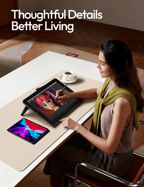 Woman using tablet on Leather Desk Pad Protector For Home Office, Big Non Slip PU Leather Desk Mat, 23.6 x 13.8 inches, eggshell finish
