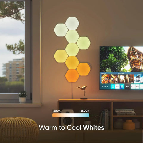 Hexagon Shapes Expansion Pack mounted on wall for ambient lighting next to TV in a living room.