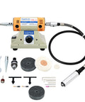 All In One Adjustable Speed Jewelry Polisher With 350W Motor Pro Grade Multi Function Bench Lathe Polisher For Jewelry Metal Dental DIY Projects 0 To 10000 RPM Low Noise Complete Accessory Kit, shown with accessories.