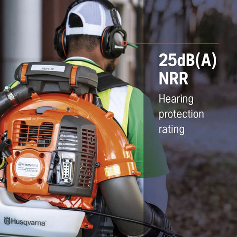 Person wearing Lightweight Headband Ear Protectors with Padded Headband and Clamshell Design 25dB NRR using leaf blower