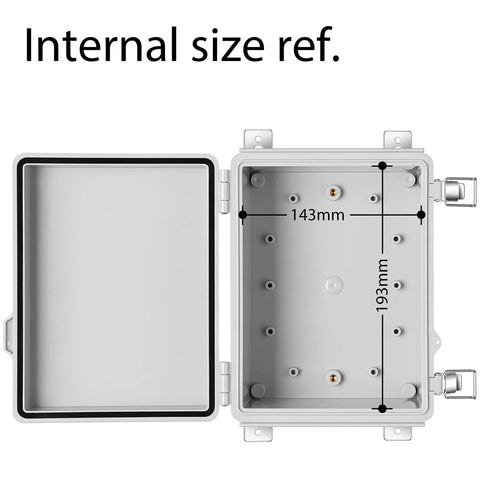 Open IP67 Waterproof Junction Box Enclosure showing interior dimensions for outdoor electrical projects, 220x170x110 mm size.