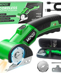 Cordless 4V Electric Box Cutter With Led Light And Safety Lock Powerfully Slices Cardboard Boxes Plastic Sheet leather fabric up to quarter inch thick for home and office jobs. Compact green design.