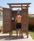 All Weather Solid Wood Outdoor Shower Enclosure With Storage Shelf And Lockable Door For Poolside Backyard Beach Use