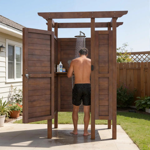 All Weather Solid Wood Outdoor Shower Enclosure With Storage Shelf And Lockable Door For Poolside Backyard Beach Use