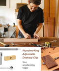 Slick Ace 3/4 Inch Bench Dog Clamps For Woodworking Crews With Rock Solid Stainless Steel Frame Brass Index Stops And Dual Ratchet Wrenches Low Profile Hold Fast Jig Tool That Nails Every Cut Straight in a workshop. Woodworker using clamps on a wood piece.