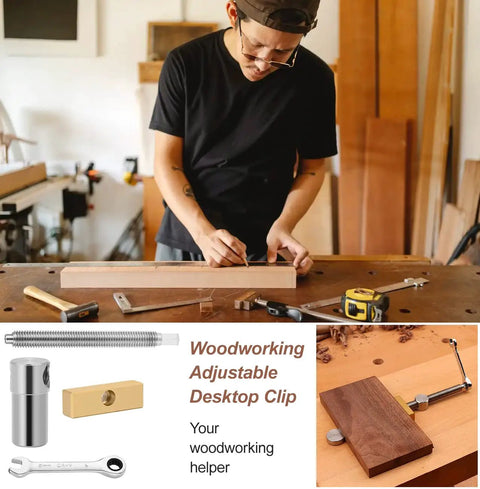 Slick Ace 3/4 Inch Bench Dog Clamps For Woodworking Crews With Rock Solid Stainless Steel Frame Brass Index Stops And Dual Ratchet Wrenches Low Profile Hold Fast Jig Tool That Nails Every Cut Straight in a workshop. Woodworker using clamps on a wood piece.