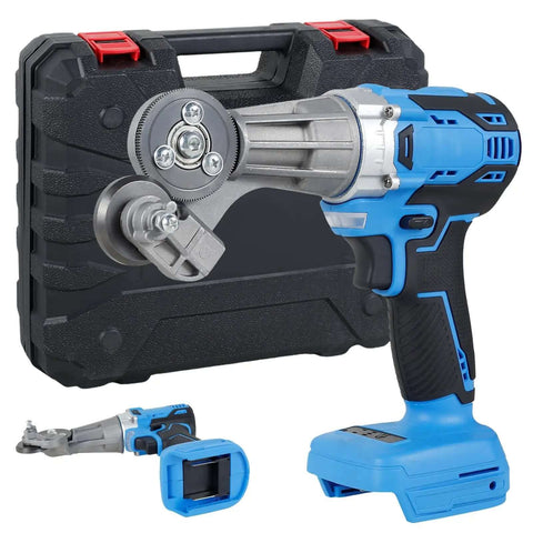 Electric Drill Plate Cutter 18V and 21V Double Headed For Metal Sheets with carrying case and dual-head attachment.