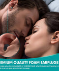 Couple sleeping wearing Bulk Pack Of Foam Ear Plugs For Work And Travel With 33dB NRR Noise Reduction, close-up view
