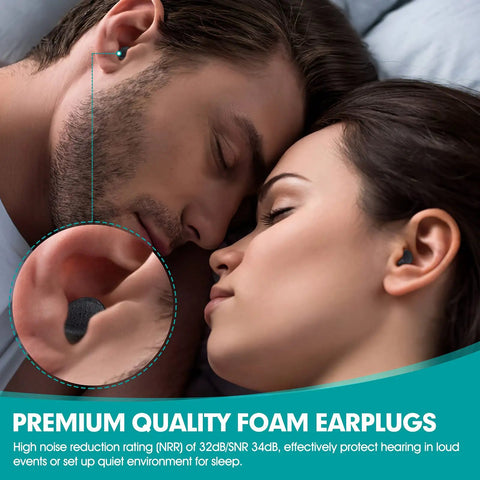 Couple sleeping wearing Bulk Pack Of Foam Ear Plugs For Work And Travel With 33dB NRR Noise Reduction, close-up view