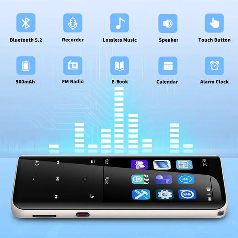 96GB MP3 Player With Bluetooth Five Point Two On The Go Portable Music Player with icons for features like FM Radio and Recorder