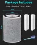 Shark HP200 Series Replacement 3 In 1 True HEPA Filter With Activated Carbon And Pre Filter For HC502 And HP200 Max Air Purifier H13 Grade Part HE2FKBAS MB 2 Pack package contents showing one filter, two pre-filters, and a 2-in-1 brush.