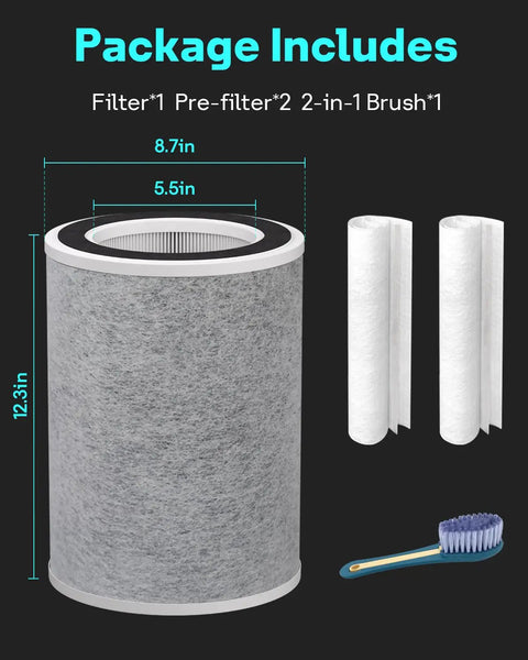 Shark HP200 Series Replacement 3 In 1 True HEPA Filter With Activated Carbon And Pre Filter For HC502 And HP200 Max Air Purifier H13 Grade Part HE2FKBAS MB 2 Pack package contents showing one filter, two pre-filters, and a 2-in-1 brush.