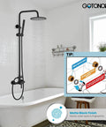 Bathroom with wall-mounted Outdoor Shower Kit With 304 Stainless Steel 8 Inch Shower Head And 2 In 1 Cylinder Handheld Spray, matte black finish.