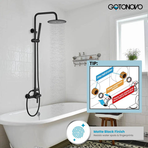 Bathroom with wall-mounted Outdoor Shower Kit With 304 Stainless Steel 8 Inch Shower Head And 2 In 1 Cylinder Handheld Spray, matte black finish.