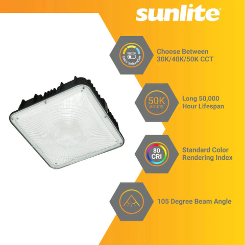 LED Outdoor Canopy Light Fixture With Power Selectable 30W, 40W Or 60W, 7800 Lumens, bronze, ETL listed on orange background