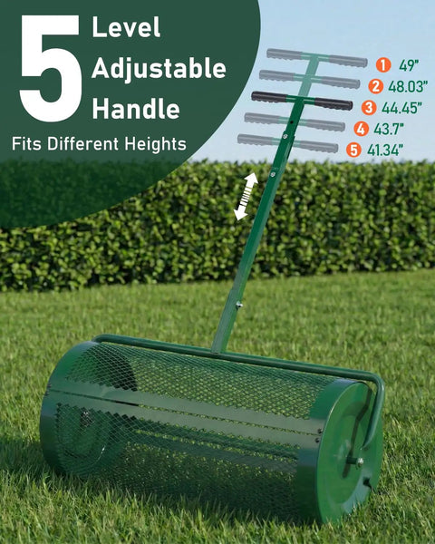 Heavy Duty 30 Inch Compost And Peat Moss Spreader With Push Or Tow Handle Adjustable Height Powder Coated Steel Basket 3.4 Cu Ft Capacity in green grass showing 5 level handle adjustments.