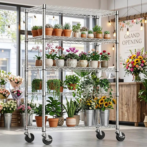 Tough As Nails Five Tier Chrome Wire Shelving Rack With Locking Casters And Nsf Certification For Kitchen Garage Or Home Office Storage Up To Three Hundred Fifty Pounds Per Shelf filled with various potted plants.